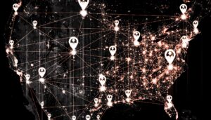 A map of the United States is overlaid with various glowing connection points and network lines, each marked with a location pin icon.