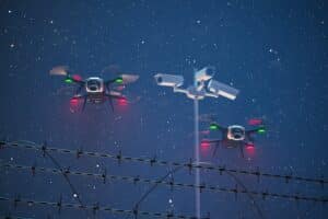 Two drones with red and green lights fly near a surveillance camera and barbed wire fence at night under a starry sky.